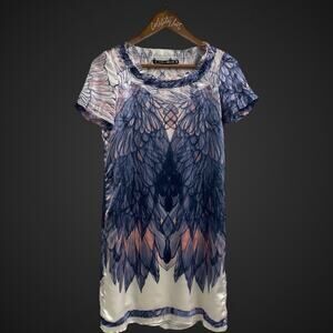 Munth + Simonsen 100% Silk Dress Shiny Purple Blue Feather Print Designer